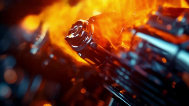 An intense closeup of a nitropowered engine revving flames spewing out of the exhaust pipes.