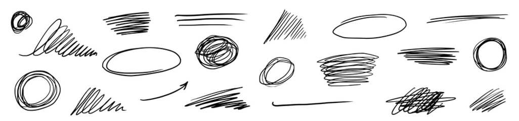 Scratch pen line scribble pencil vector. Scratch texture, pen line sketch mark, brush stroke. Hand drawn doodle grunge graffiti texture marker stroke. Pencil scrawl effect. Vector illustration - obrazy, fototapety, plakaty
