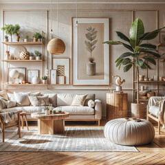 Fototapeta na wymiar a living room filled with furniture and a potted plant, a stock photo, featured on shutterstock, minimalism, minimalist, stock photo, stockphoto