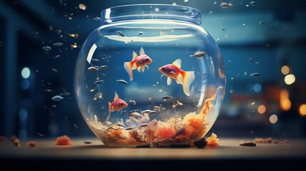 Clean background and cinematic lighting create a captivating scene in a fishbowl collage, featuring a mix of realistic and fantastical elements.