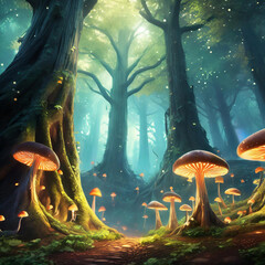 거대한 나무와 빛나는 버섯이 자욱한 신비로운 숲 - obrazy, fototapety, plakaty