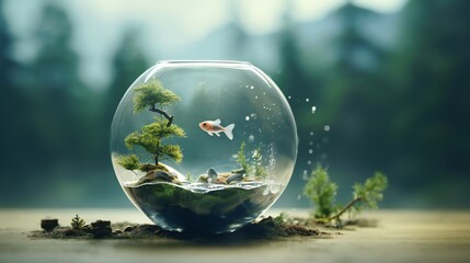 Comprehensive scene showcasing the minimalist purity and clean background of a hyper-realistic miniature collage within a water-filled fishbowl, with cinematic lighting for added allure. - obrazy, fototapety, plakaty