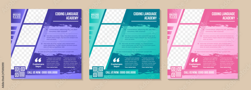 Poster collection of coding language square banner design template. diagonal space for photo collage. socia