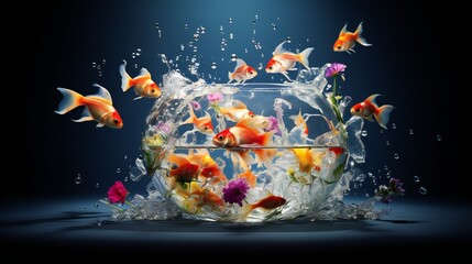 Expansive shot highlighting the mesmerizing aesthetics of a contemporary art collage within a water-filled fishbowl, featuring clean negative space and dreamy lighting.