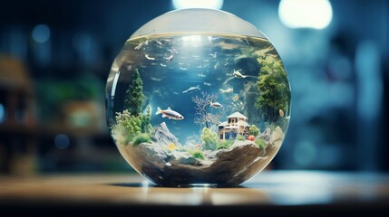 Expansive view capturing the harmonious mix of realism and fantasy in a contemporary art collage inside a fishbowl, utilizing tilt blur and dreamy lighting against a clean background.