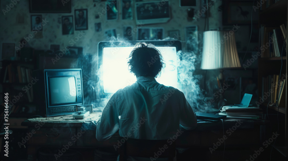 Poster a man sits at a computer desk with a monitor in front of him