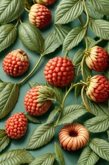 Creative layout made of red and yellow raspberries on green background. Flat lay, top view. - obrazy, fototapety, plakaty