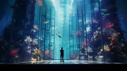 Landscape view of a hyper-realistic underwater gallery piece, showcasing the harmonious mix of realism and fantasy with cinematic lighting.