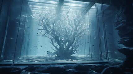 Landscape view of a hyper-realistic underwater gallery piece, showcasing the harmonious mix of realism and fantasy with cinematic lighting.