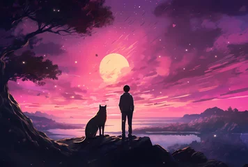 Fototapeten A man and his dog watching the moon, purple sky, anime style, lofi art style  © Moose