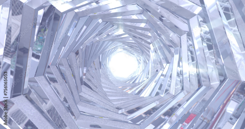 Poster abstract metallic shiny silver chrome polyhedral tunnel frame made of lines of hexagonal edges, mech