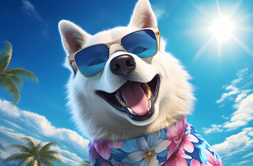 A white husky is smiling, wearing sunglasses and a Hawaiian shirt against a blue sky with clouds in the background