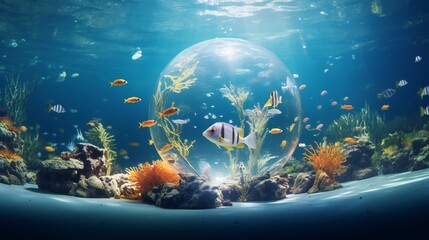 Panorama illustrating the breathtaking beauty of an underwater gallery piece, using tilt blur and dreamy lighting to enhance the hyper-realistic contemporary art collage in a fishbowl.