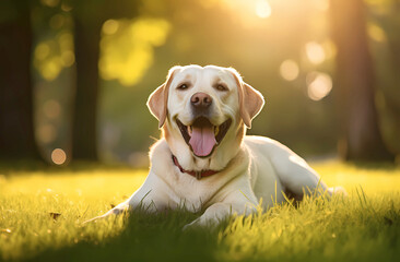 A Labrador Retriever is lying on the grass, smiling with its tongue out under bright sunlight

