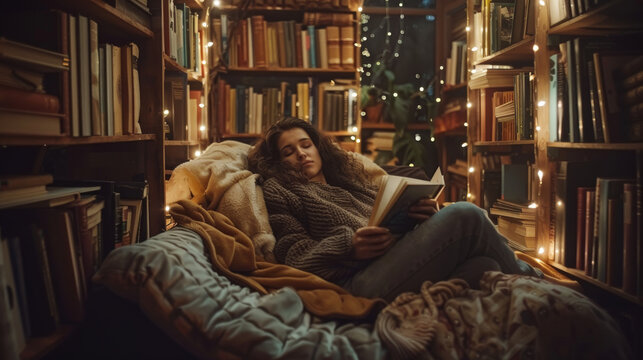 A woman is reading a book in a library