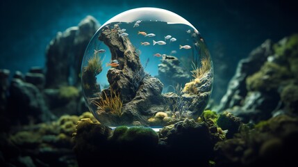 Obraz na płótnie Canvas Panoramic view capturing the enchanting details of a hyper-realistic underwater gallery piece, mixing realism and fantasy inside a fishbowl with tilt blur and cinematic lighting.