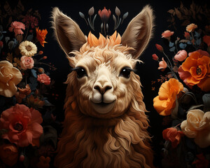 Fototapeta premium Cute Llama Face in Flowers, Alpaca Art, Closeup Animal Portrait Three-Dimensional Illustration Dark Background