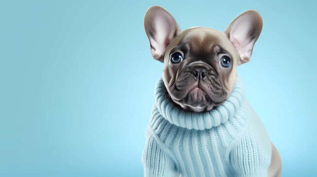 Cute French Bulldog puppy wearing a sweater on a blue background
