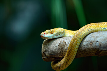 Yellow tree python snake on tree, reptiles in nature