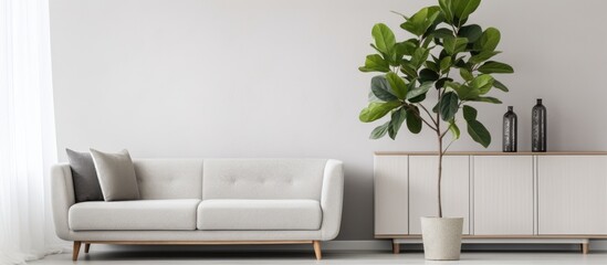 Living room interior with white cabinet and plant next to grey sofa captured in a photograph.