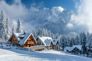 Wintertime mountain village and ski resort  - obrazy, fototapety, plakaty