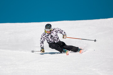 Fototapeta na wymiar Expert skier on the slopes of Grandvalira in Andorra in Winter 2024