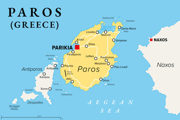 Paros, Greek island, political map. Island of Greece in the Aegean Sea, west of Naxos, and part of the Cyclades. With the islands Antiparos, Despotiko and Stroggyli in the west. Illustration. Vector. - obrazy, fototapety, plakaty