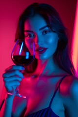 A young woman is holding a glass of red wine and smiling. Neon lights illuminate her.