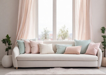 White cushions  on white sofa against of window. Scandinavian style interior design of modern minimalist living room. Generative AI
