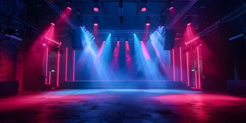 Foto op Plexiglas Blue light from a stage in the style of animated gifs Dance Stage Background,Light smoke neon blue rays background fog interior room abstract space. © muhammad