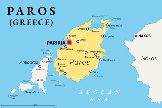 Paros, Greek island, political map. Island of Greece in the Aegean Sea, west of Naxos, and part of the Cyclades. With the islands Antiparos, Despotiko and Stroggyli in the west. Illustration. Vector.