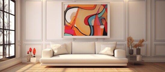 Interior design with empty painting, sofa, window, wooden floor, and clean lines.