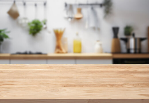 Table top for product display with blurred modern kitchen interior