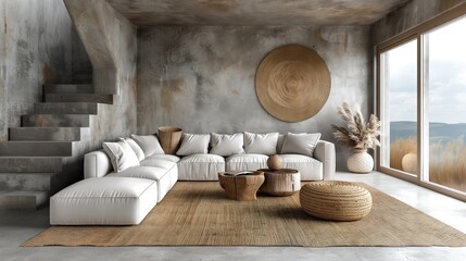 Fototapeta na wymiar Wooden coffee table, white sofa and loft style gray wall. modern home interior design