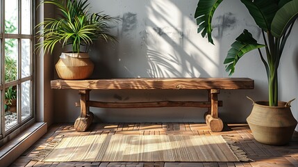 wooden bench against gray wall Minimal home interior design Decorated with air purifying plants