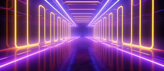 Fototapeta premium Abstract interior with glowing neon tubes in yellow and violet colors.