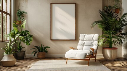 Relaxation corner, living room, has chairs for sitting and relaxing. and a square canvas picture frame on the wall Decorated with air purifying plants with a modern style design.