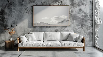 Modern white upholstered sofa with concrete wall with canvas in a white square frame. Minimalist style. Urban interior design of a modern living room.