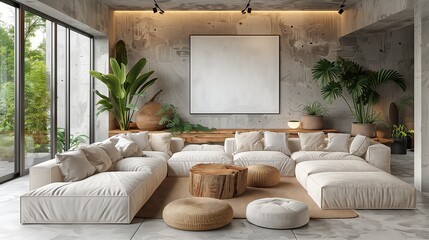 Modern white upholstered sofa with concrete wall with canvas in a white square frame. Minimalist style. Urban interior design of a modern living room.