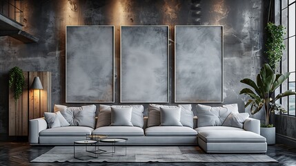 modern white upholstered sofa with a concrete wall with a canvas in a gray rectangular frame, minimalist style, urban interior design of a modern living room.