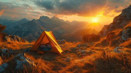 Picture of a comfortable tent The door opens to a beautiful mountain sea view at sunrise, warm light. - obrazy, fototapety, plakaty