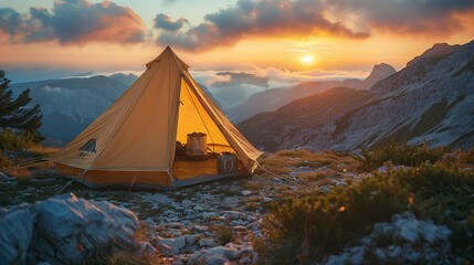 Picture of a comfortable tent The door opens to a beautiful mountain sea view at sunrise, warm light. - obrazy, fototapety, plakaty
