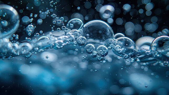 Close-up of bubbles air in underwater floating up to water surface. on black background.