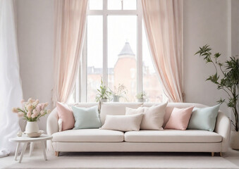 White cushions  on white sofa against of window. Scandinavian style interior design of modern minimalist living room. Generative AI