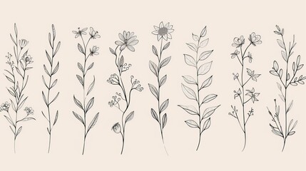 Collection of botanical hand drawn elements in line art. Foliage, branches, floral, leaves, wildflowers in line art. Minimal style blossom illustration design for logos, weddings, invitations, decor.
