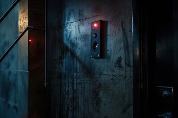 Entrance doorbell in a multi-apartment building, with a video surveillance camera, on a dark wall, Generative AI