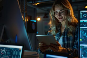 Young successful businesswoman at workplace is satisfied with results of achievement at work smiling and using tablet computer, blonde programmer is testing new software in application, Generative AI