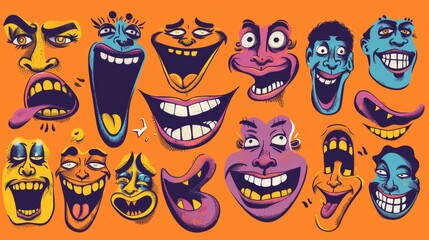 The set of 70s groovy comic faces modern. The set includes a collection of cartoon characters faces, legs, and hands in a variety of emotions, including happy, angry, sad, and cheerful. High quality