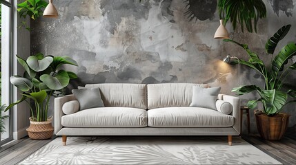 Gray sofa and concrete wall Industrial Loft Style Home Interior Design of Modern Living Room