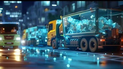 An immersive 3D visualization of a smart citys waste management system with holographic projections of trash containers and collection trucks.